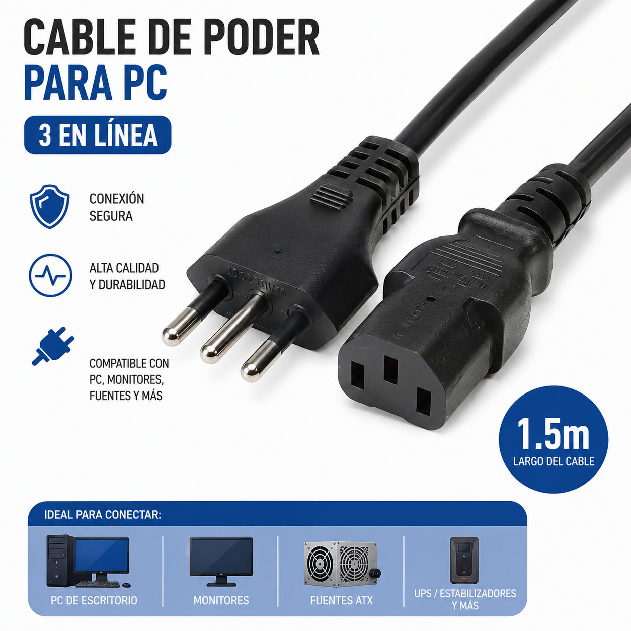 Cable de Poder PC 1.5 Metros 3 En Línea Para Fuente Monitor