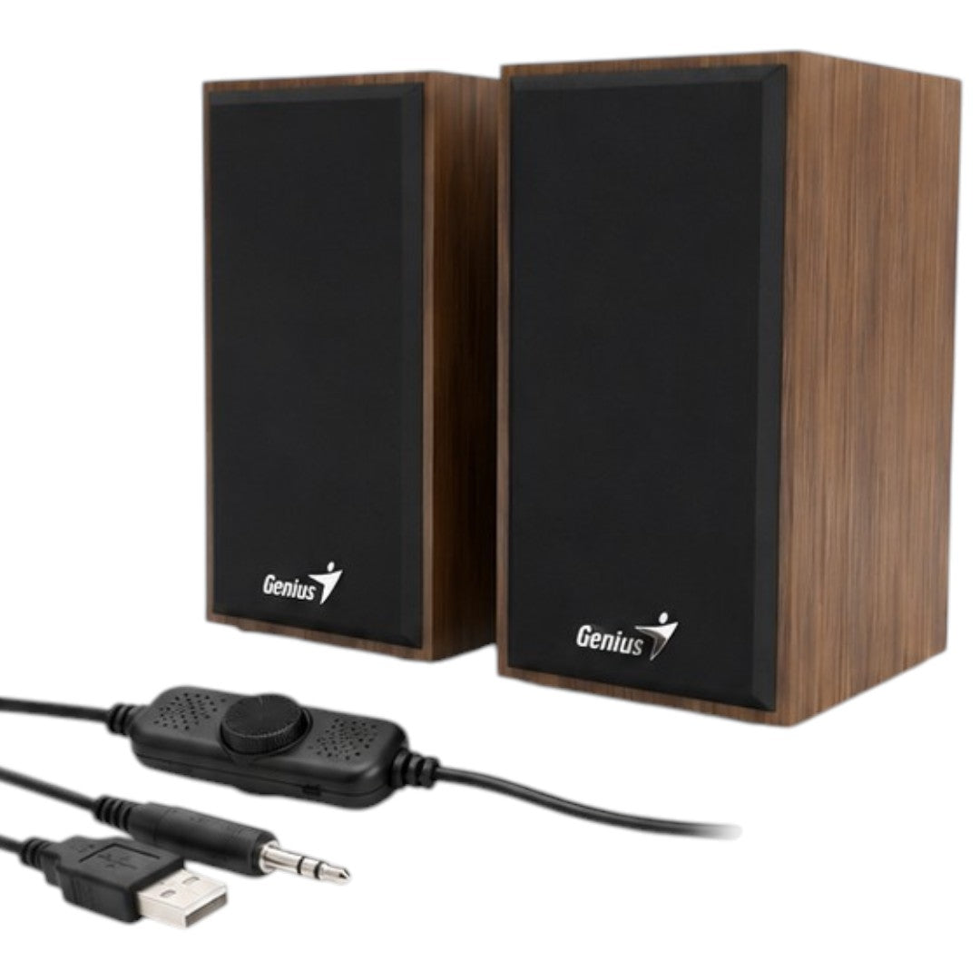 Parlantes Genius USB Controlador Volumen Estéreo De Madera Para PC Marrón