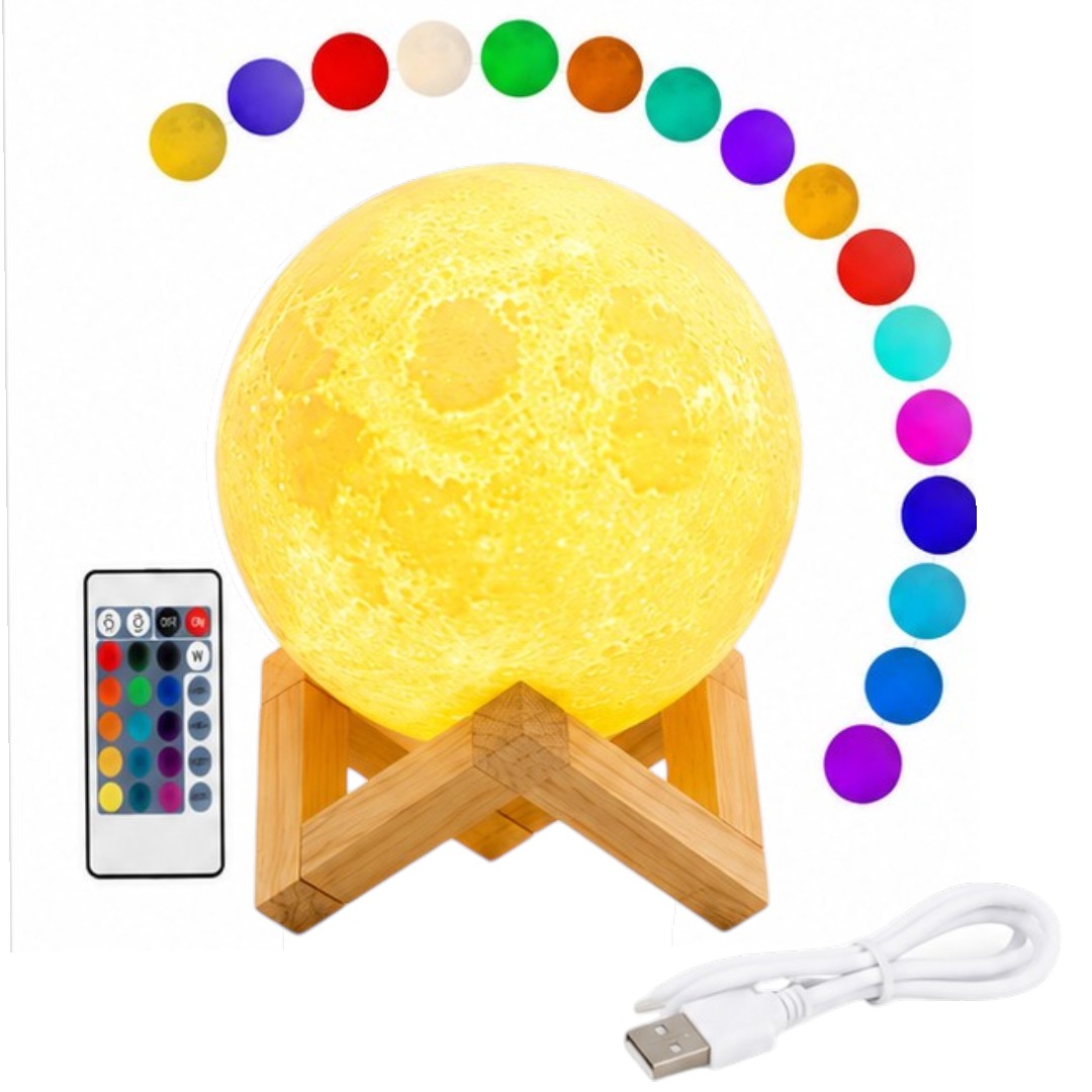 Veladora Luna 3d Táctil 13cm Rgb Soporte Madera Lámpara